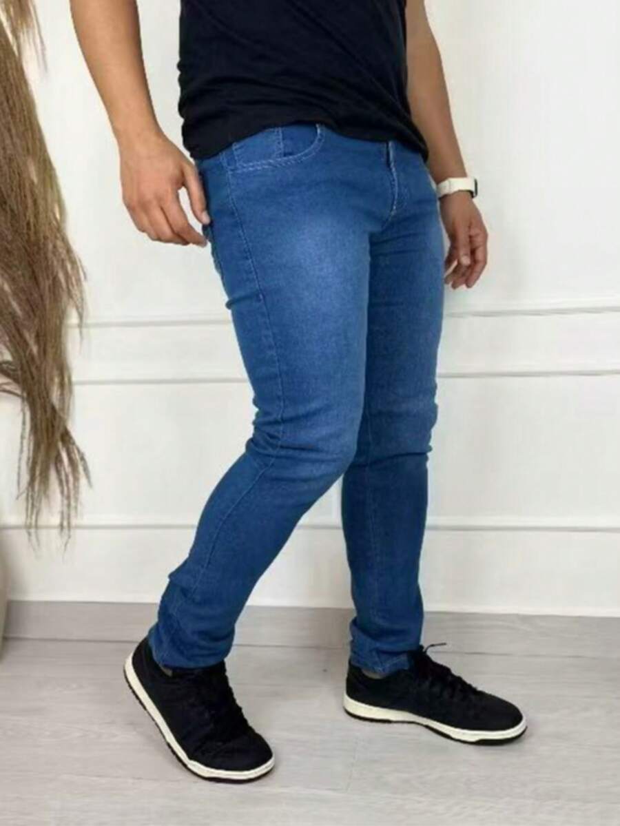 Men's Twill Pants With Elastane Lycra Various Colors Black Navy Blue Beige Caramel Lead Gray - 中等水洗藍 - 查看 1