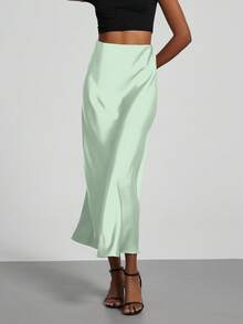 Women's Fashion Elastic Satin Feeling Satin Maxi Skirt, Suitable For All Seasons - Light Green - View 5