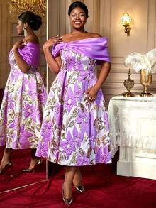Purple Jacquard A Line Party Dresses Off Shoulder Big Bow Event Birthday Wedding Guest Plus Size Gowns Back To School - 紫色 - 查看 1