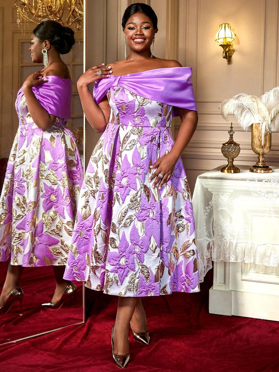 Purple Jacquard A Line Party Dresses Off Shoulder Big Bow Event Birthday Wedding Guest Plus Size Gowns Back To School - 紫色 - 查看 1