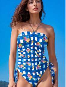 Floral Print Cute Boho Drawstring Backless Ruffle Trim Casual Beach One Piece Swimsuit, Summer - Multicolor - View 2