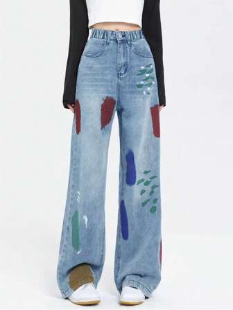 青春期女孩复古涂鸦印花宽松直筒牛仔裤，百搭阔腿裤