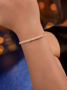 1 Pc Elegant Rhinestone Decor Rose Gold Plated Adjustable Bracelets For Women Party Prom Jewelry School Formal Accessories - Rose Gold - View 2