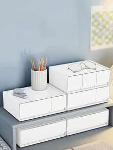 1 Stück Desktop Aufbewahrungsbox für Büromaterial und Kosmetik, weiße Kunststoff Schubladen Organizer Box für Makeup, Schmuck, Büromaterial, stapelbare modulare Aufbewahrung - Weiss - Übersicht 3