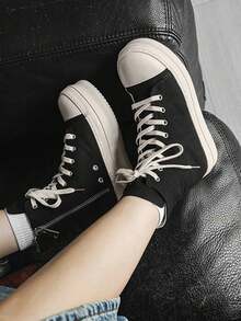 1 Pair Solid Color Casual Punk Preppy Vintage Style Lace-Up High-Top Canvas Shoes, Thick Sole, Suitable For Party, Office, All Seasons - Black - View 3