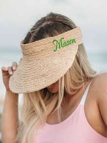 1/2Pcs Personalized Straw Visor, Customized Name Monogram Beach Hat, Bridesmaid Gift, Customizable Visor For Kids, Bridal Party Hat, Bachelorette Party, Beige, Long:50-55cm/19.7-21.65in, For-Anniversaries-For-Spring-For-Fall-Autumn-For-Holiday-Vacation-For-Outdoors-Outings - Style a - View 3