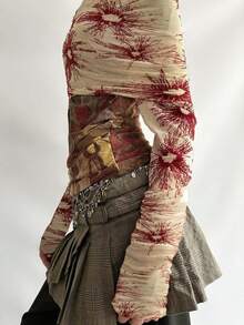 Vintage Print Slash Neck Mesh Sexy Full Sleeve Slim Fit Casual Top Y2K Retro Autumn