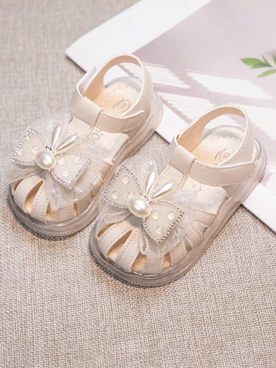 1 Pair Solid Color Fashion Simple British Style Pearl Bowknot Flat Shoes For Girl Princess - Beige - View 1