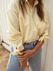 Women Casual Long Sleeve Striped Shirt With Wrist Detail - Lightweight Polyester, Button Collar, Suitable For Spring/Summer/Autumn, Beach Or Outdoor Trips, Pocket Button
