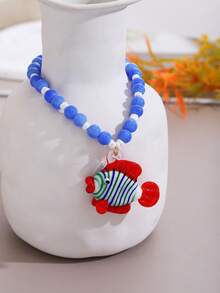 1pc 2025 Spring/Summer New Small Designer Transparent Angelfish & Salmon Shaped Handmade Glass Bead Necklace, Social Media Influencer Style - Red Fish - View 7