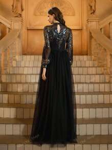 Black Sequin High Neck Puff Sleeves Mesh Skirt Prom Dress, Modest