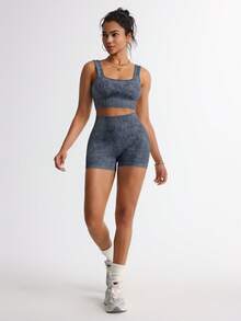 TCVC Conjunto de top deportivo y shorts elástico y suave para mujer, con control del vientre y caderas, de tela amigable con la piel, con efecto moldeador, apto para todo tipo de deportes y yoga durante todas las estaciones. - Negro - Ver 2