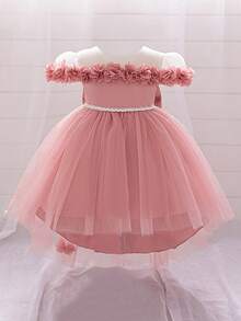 Baby Girls 3D Floral Mesh Bow Cute Party Dress Suitable For 1st Birthday Flower Girl Without Headband - Dusty Pink - View 5