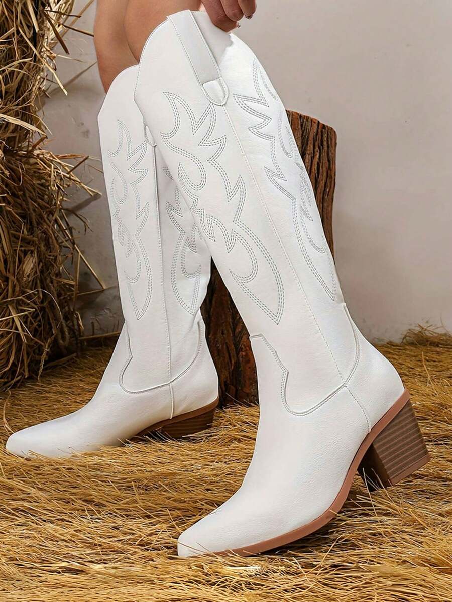 Cowboy Boots For Women Pointed Toe Embroidered Knee High Cowgirl Boots Pull On Zipper Chunky Heel Mid Calf Western Boots Autumn Winter Outfit Boots Fall Shoes - 白色 - 查看 1