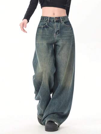 Girls Vintage Loose Fit Blue Straight Leg Jeans, Snug Fit And Comfortable For Teens And Young Ladies