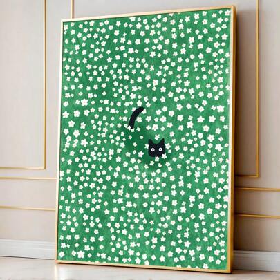 1pc Framed/Unframed Daisies Meadow Cat Wall Art Poster Canvas Print Cute Animal Aesthetic Decor Painting For Dorm,Apartment,Bedroom,Modern Home Decoration