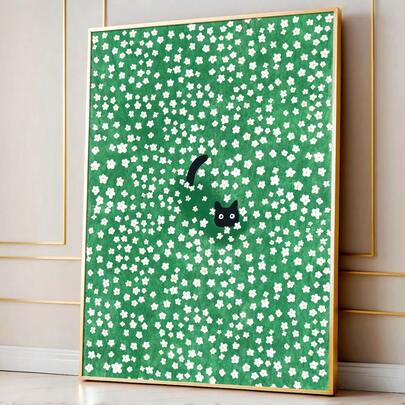 1 幅带框/无框雏菊草地猫墙壁艺术海报帆布印刷可爱动物美学装饰画适用于宿舍、公寓、卧室、现代家居装饰