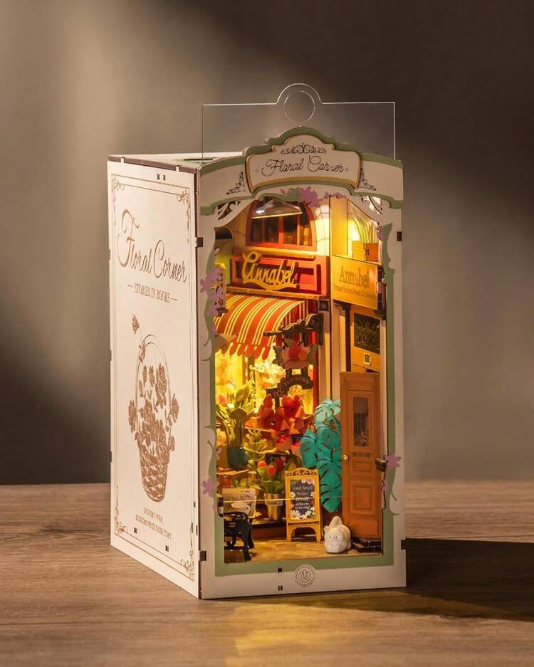 Robotime Kit serre-livres miniature Rolife DIY – Puzzle 3D en bois avec lumières LED, bibliothèque décorative pour adultes, cadeaux de Noël et d'anniversaire uniques pour femmes et hommes