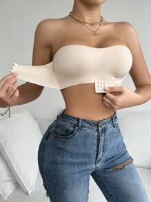 2 Pieces Front Closure Solid Color Strapless Comfort Padded Lace Bralette, Wireless Seamless Pushup Bra For Women