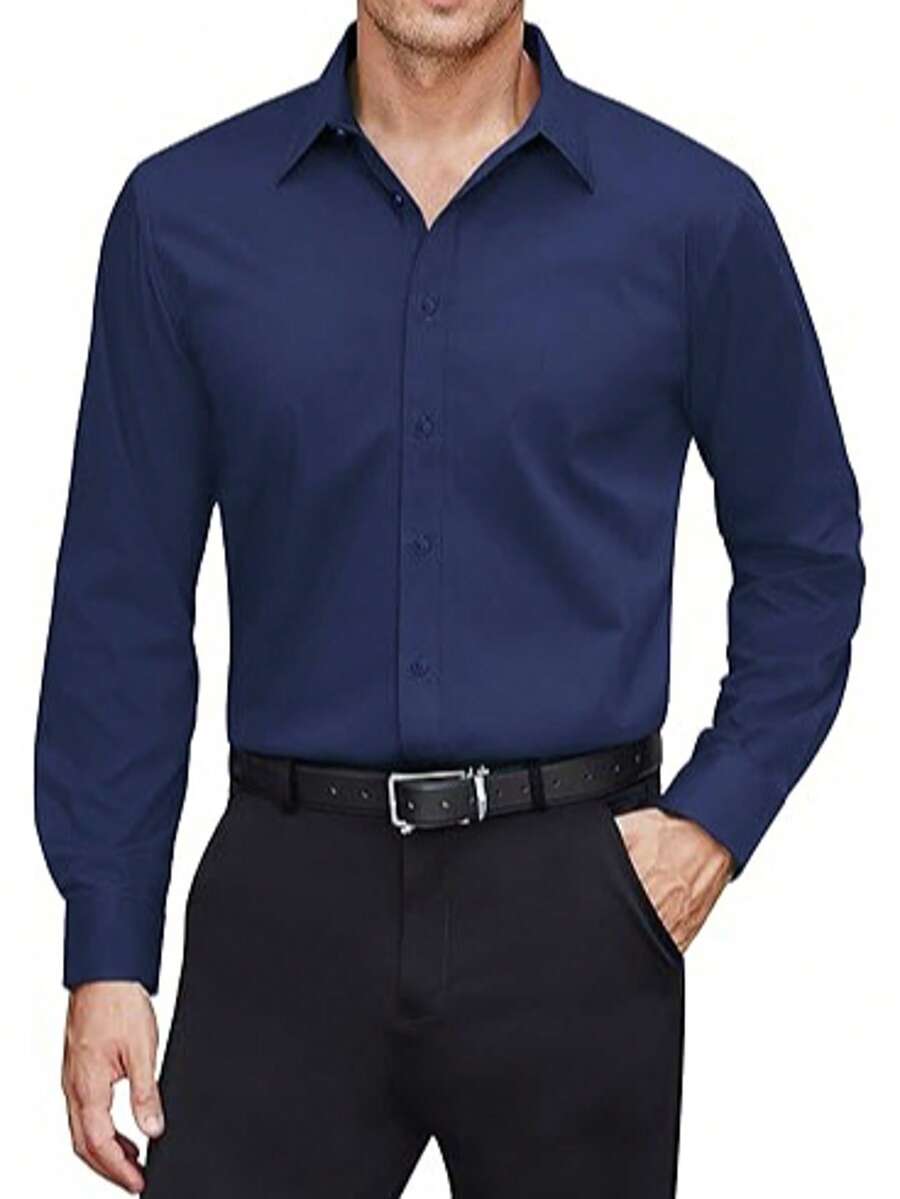Mens Elegant Shirt Long Sleeve Dress Solid Color Button Shirt For Formal Office Wear With Shirt Collar Men's Clothing Wedding Suit Fashion Casual Business Commuting Men Shirts - 藏蓝色 - 查看 1