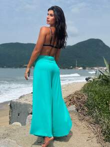 Saída de Praia Feminina Macacão Calça 2 em 1 Versátil com Proteção UV Moda Praia - Verde Menta - Visão 4