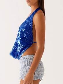 Women's Sexy Halter Going Out Top Open Back Deep V Neck Sleeveless Vest Tank Tops Party Clubwear Sparkly Sequins Tank Tops Streetwear - 寶藍色 - 查看 4