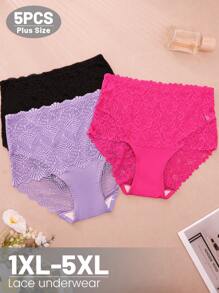 MEIYATING Set de 5 piezas de ropa interior de encaje de talla grande para mujeres, pantis moldeadores de cintura alta con diseño de recorte floral, sin costuras y transpirables