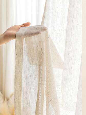 1 件米色亚麻波点薄纱窗帘，适用于客厅和卧室，透明薄纱窗帘，家用 - 杆袋式设计