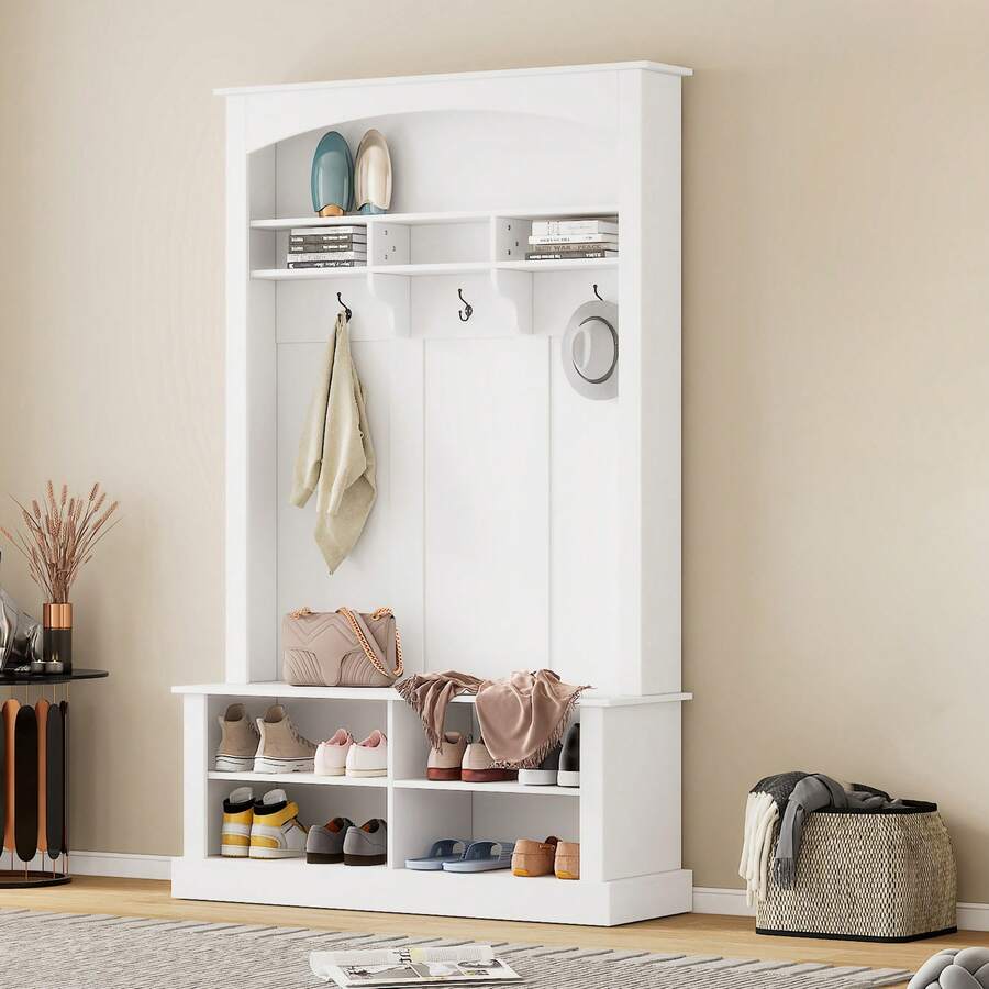 Sweiko Garderoben-Set mit Bank und Schuhablage, multifunktionale Aufbewahrungsbank mit 3 hängenden Haken & offenem Stauraum, rechteckige Aufbewahrung & Regale Garderobe für Flur, Weiß, H190/B120/T40 cm