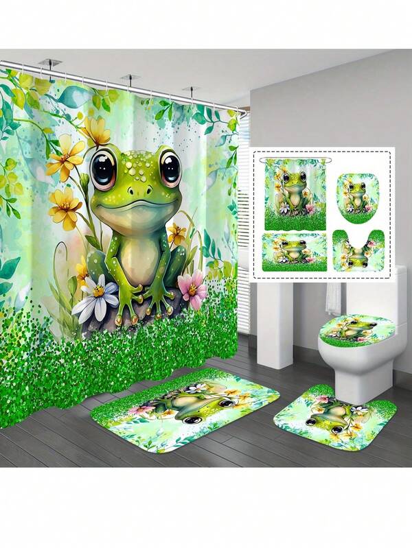 1/4 Piezas Juego de cortina de baño con diseño de rana lindo, Juego de baño con flores brillantes, con cortina de ducha y alfombra de baño, Cortina de ducha de poliéster para decoración de baño, con 12 ganchos, accesorios de baño para decoración de otoño y vuelta al colegio