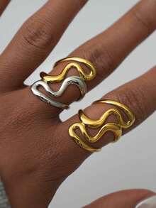 1枚/2枚简约时尚不对称心形镂空戒指，18K镀金不锈钢材质，适合日常佩戴、派对度假或作为情人节礼物。