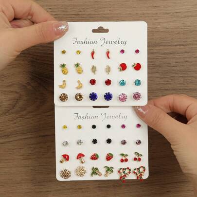 12-24 Pairs Minimalist Dangle Zinc Alloy Water Drop Rhinestone Fruit Design Earrings Set, Gift For Sisters, Daily Use
