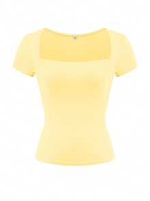 Vaiaye Women's Solid Color Knit Square Neck Sexy Slim Fit Y2K Short Sleeve T-Shirt, Spring/Summer Activewear Top, Suitable For Valentine's Day - Yellow - View 3