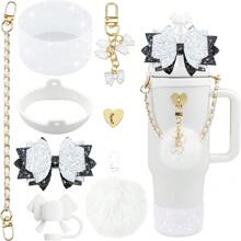 Set de 8 piezas de accesorios brillantes para vasos de 30oz y 40oz, que incluye tapa con cubierta de silicona para pajilla, correa de manija para botella de agua, cadena de encanto, gancho con forma de corazón, funda para vaso, lazo decorativo para pajilla - Regalo ideal para el Día de San Valentín, Día de la Madre, útiles escolares