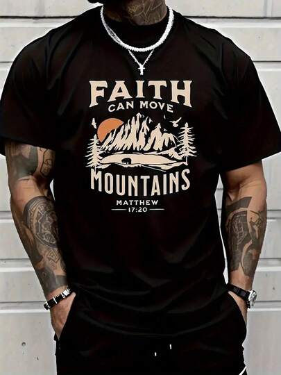 [Camiseta Faith 100% Algodón] Camiseta para Hombre "La Fe Puede Mover Montañas" 100% Algodón |   Camiseta casual de manga corta con cuello redondo y estampado bíblico inspirador, negra con letras blancas, moda urbana de temporada, ropa casual. |   Diseño Inspirado en la Fe |   Ajuste Cómodo