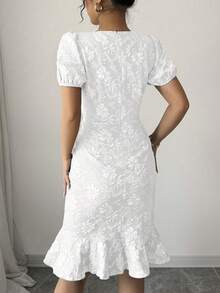 2025 Spring/Summer Women's Elegant Jacquard Solid Color Round Neck Ruffle Hem Puff Sleeve Mid-Length Dress - White - View 3
