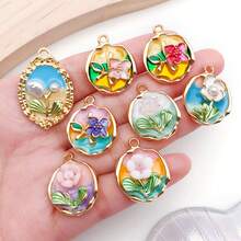 1 件装混合法式复古珐琅花卉油画吊坠圆形珍珠玫瑰合金精致优雅吊坠适用于 DIY 女士手链项链耳环钥匙扣珠宝制作工艺配件 - 彩色 - 查看 3