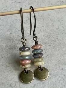 1 Par de Brincos Vintage Redondos Feitos à Mão com Placa de Metal Enferrujada e Contas, Brincos Retrô Criativos de Mulher com Miçangas de Pedra Mini