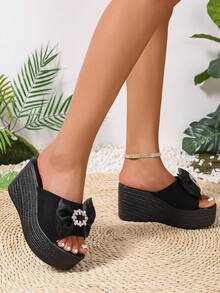 女士黑色蝴蝶水钻装饰带露趾拖鞋，居家、街头、派对、休闲穿着舒适，百搭