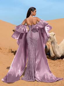 Faeriesty Haute Glamour Elegant Off-Shoulder Beaded Evening Gown With Floor-Length Cape – Layered Satin Cape, Fitted Mermaid Silhouette, Intricate Sequin Embellishments For Luxury Weddings, Red Carpet Events, And Formal Evening Galas​ - Dusty Pink - View 3