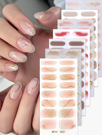 16 片粉色半固化凝胶指甲贴，春夏 3D 烫金线条艺术自粘凝胶指甲全贴，沙龙品质，持续 14 天，女士 DIY 指甲贴纸美甲用品，母亲节礼物