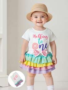 Baby Girl Birthday Romper Set - Donut Print Top  Layered Ruffle Shorts With Leg Warmers  6-12 Months Party Outfit - White - View 4