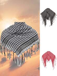 1 pieza Pañuelo de cabeza árabe, pañuelo a cuadros rojo y blanco con adorno de flecos resistente al viento para exteriores, pañuelo versátil de tela bohemia para la cabeza, para todas las estaciones