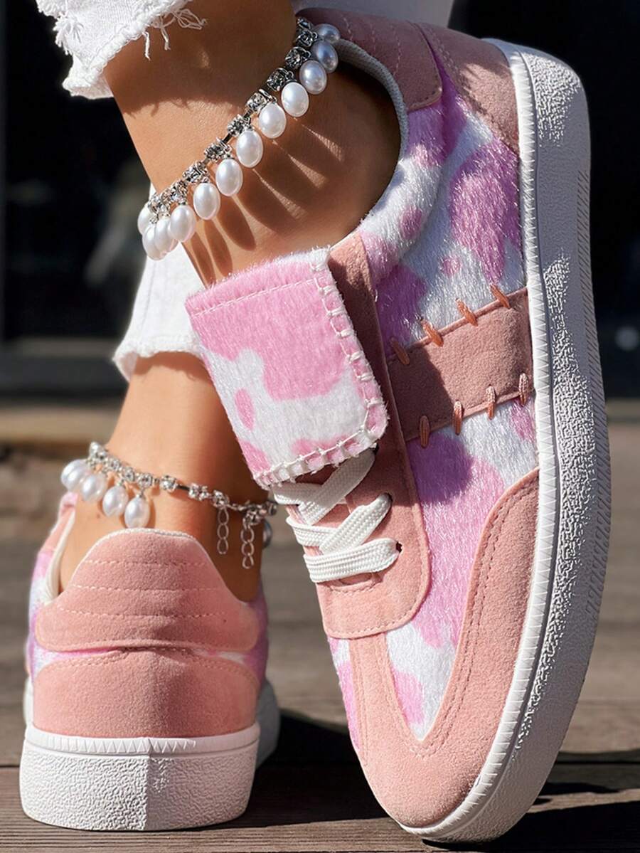 Women's Pink Casual Sneakers, Lace-Up Comfortable & Lightweight Flat Shoes, College Style, Suitable For Spring & Summer, Plus Size - 粉色 - 查看 1