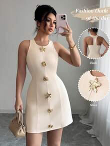 Rochie scurtă ocazională, fără mâneci, cu nasturi, cu guler rotund - Caisă - Vizualizare 1