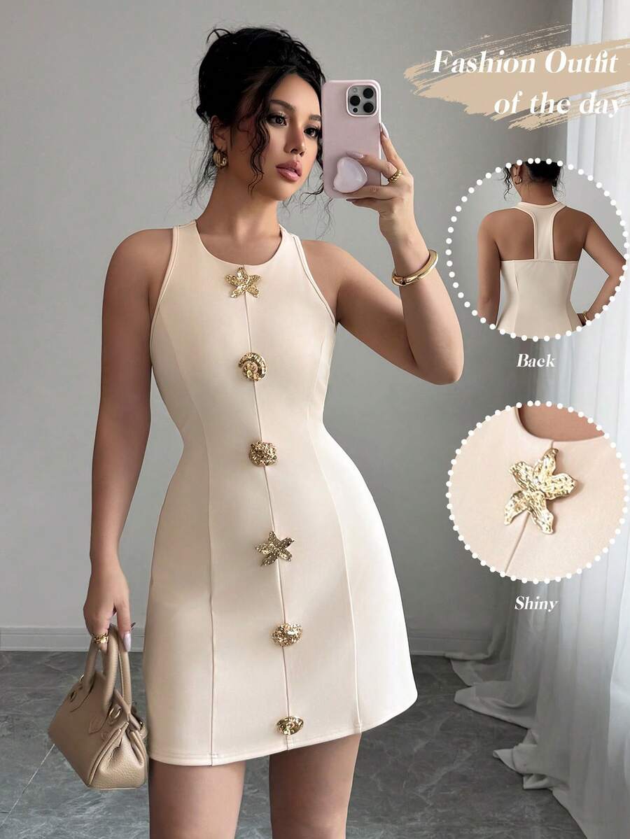 Rochie scurtă ocazională, fără mâneci, cu nasturi, cu guler rotund - Caisă - Vizualizare 1