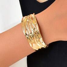 1pc New Arrival Stylish Gold Metal Wide Chunky Statement Open Cuff Bangle Geometric Party Daily Jewelry, Also Available In Matching Large And Small Hoop Earrings - Gold - View 8