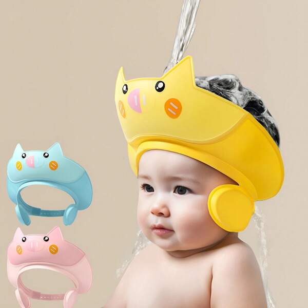 [Cute Piggy Shower Cap] Soft & Comfortable 1pc Adorable Piggy-Themed Youngsters Shower Cap - Adjustable With Ear Protection - Cute Cartoon Design In Pink, Blue, Yellow For Fun Bath Time