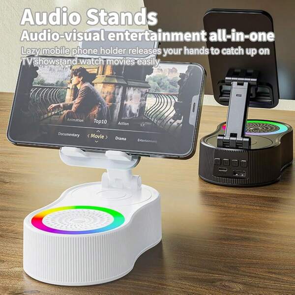 Enceinte Bluetooth inductive sans fil - Support inductive 5 en 1 Enceinte Bluetooth, support pliable portable pour banque d'alimentation rotative à 360°, support de banque d'alimentation audio, support de téléphone pliable, banque d'alimentation et lumière - Bureau/Maison/Bureau