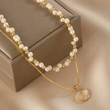 1pc Baroque Pearl Chain Double Layered Woven Necklace With Romantic Rose Petals Suitable For Women's Daily Wear, Mother's Day, Gifts, Parties, Music Festivals - Gold - View 5